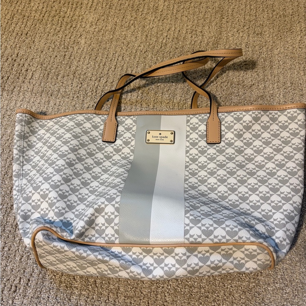 kate spade Gray & White Striped Pattern Tote with Tan Trim